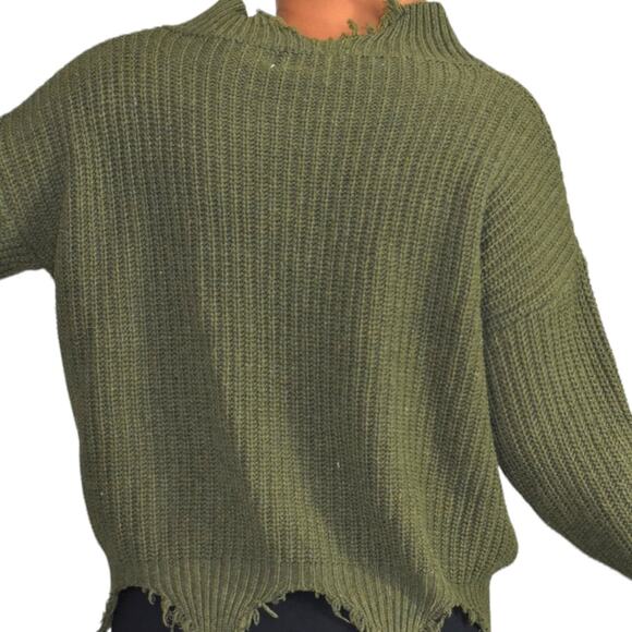 Seek the Label Distressed Sweater Olive Green Ribbed Knit Pullover Size Medium - Picture 5 of 13